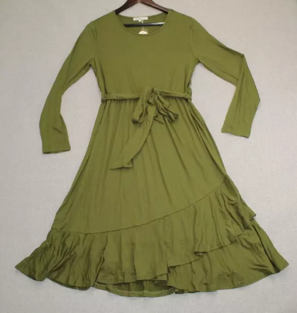 Levaca Women's Long Sleeve Midi Dress Size MEDIUM - Belted Green Flowing Style