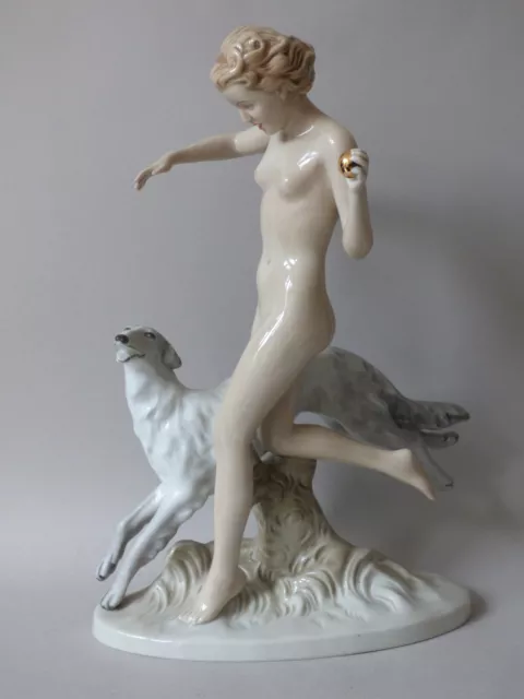 Rare Royal Dux Bohemia Czech Porcelain Nude Girl Lurcher Hound Dog Elly Strobach