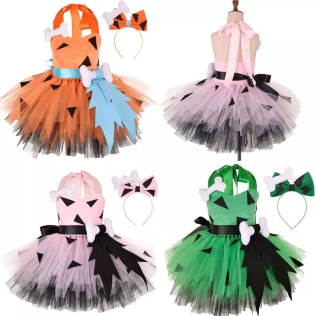 Kids Girls Caveman Dress Halloween Tutu Costume Bowknot Headwear+3D Bone Outfits