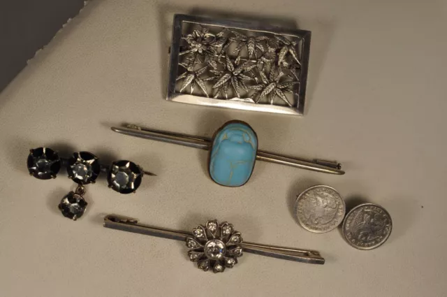 5 Broches Ancien Argent Massif Cut Cristal Solid Silver Antique Brooch