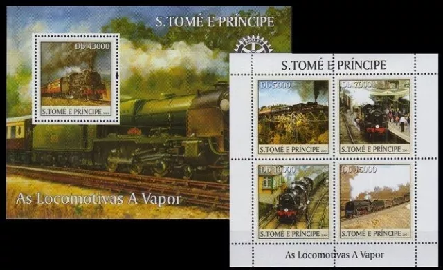 Sao Tome 2004 MNH MS+SS, Steam Locomotives, Train, Railways, Rotary Club