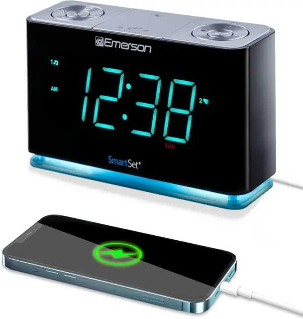 Emerson Smartset Alarm Clock Radio with Bluetooth Speaker Phone Chargers Station