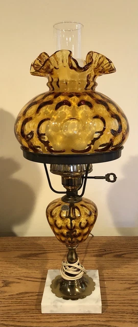 Vintage Fenton Handmade Amber Coin Dot Student Lamp W/ Original Fenton Sticker