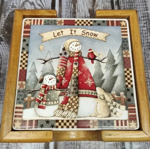 Drinking Stone Drink Coasters "Let It Snow"  Snowman Design EUC