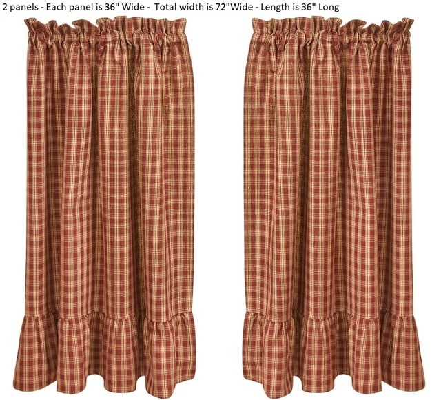 Wine Sturbridge Tier Curtains Plaid Ruffle Primitive Country Farmhouse 72WX36L