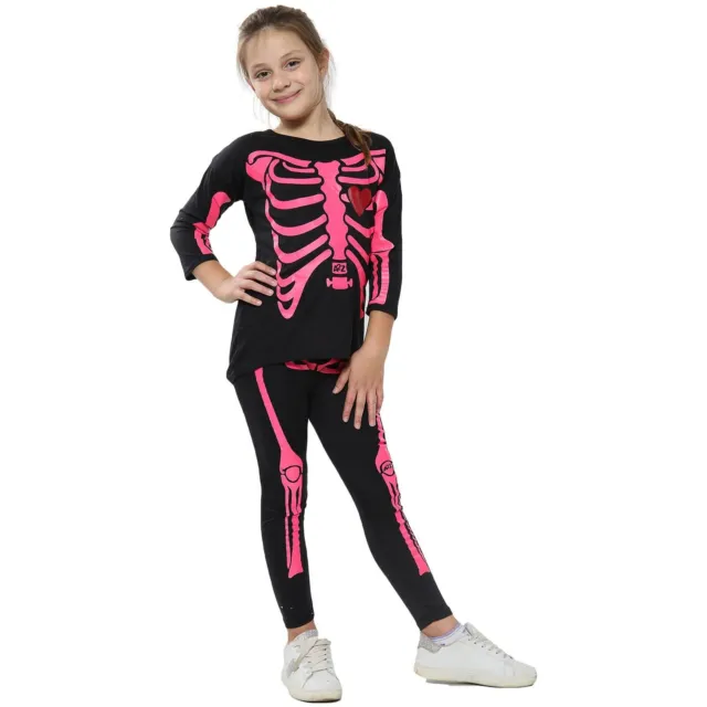 T-shirt top e leggings per ragazza stampa scheletro rosa neon costume di Halloween