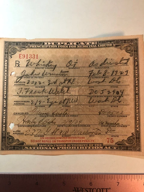 Old 2/8/1929 Prohibition Prescription Form for Medicinal Whiskey Wash DC