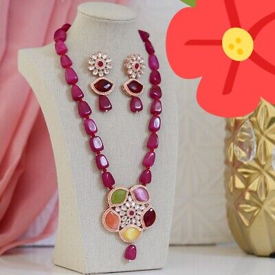 CZ Bollywood Rose Gold Tone Long Kundan Mala Necklace Wedding Indian Jewelry Set