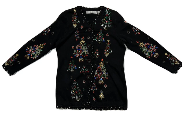 Michael Simon Womens Sweater Sz M  Black Christmas Holiday Cardigan Beaded