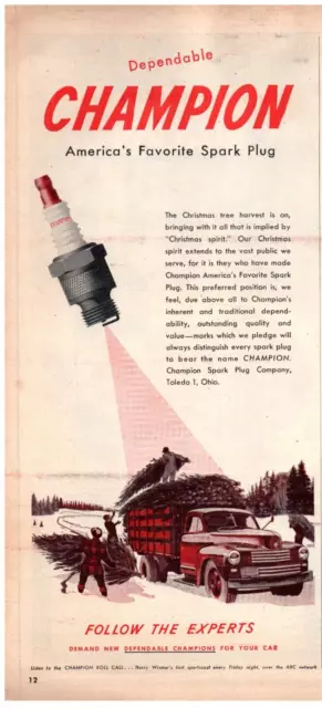 Champion Spark Plug Christmas Spirit America's Favorite 2/3 Page Print Ad 1948
