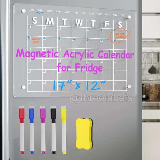 Magnetic Acrylic Calendar for Fridge 17"x12" Clear Dry Erase Calendar Board Pen