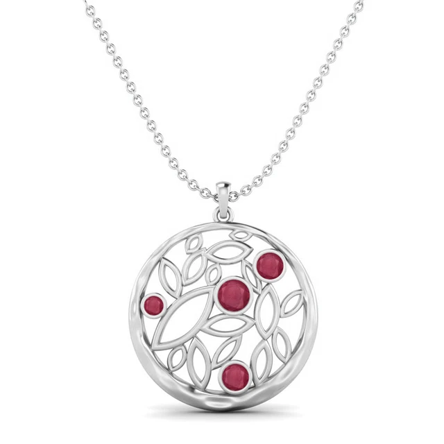 Rubin Glas Gefüllt Rund Filigraner Anhänger Kette für Damen 925 Sterlingsilber