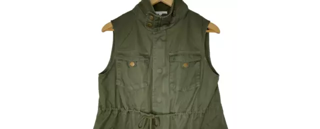 Pleione Cotton Twill Military Vest Sz L Green Zip Button Up Drawstring, $88 New 2
