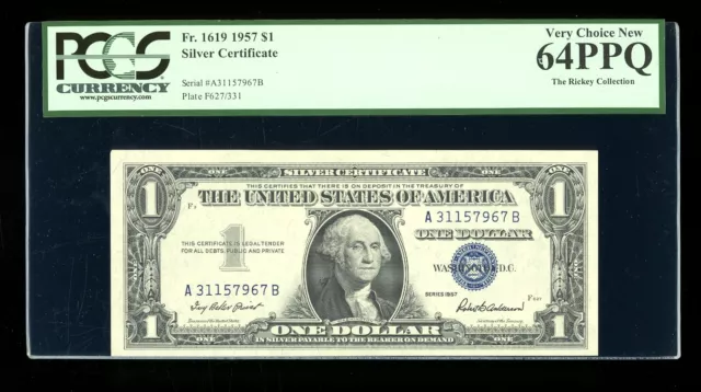 DBR 1957 Silver Fr. 1619 AB Block PCGS 64 PPQ Serial A31157967B