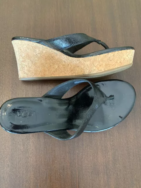 Women's Ugg Black Leather Cork Wedge Sandal Size 6.5 Flip Flop
