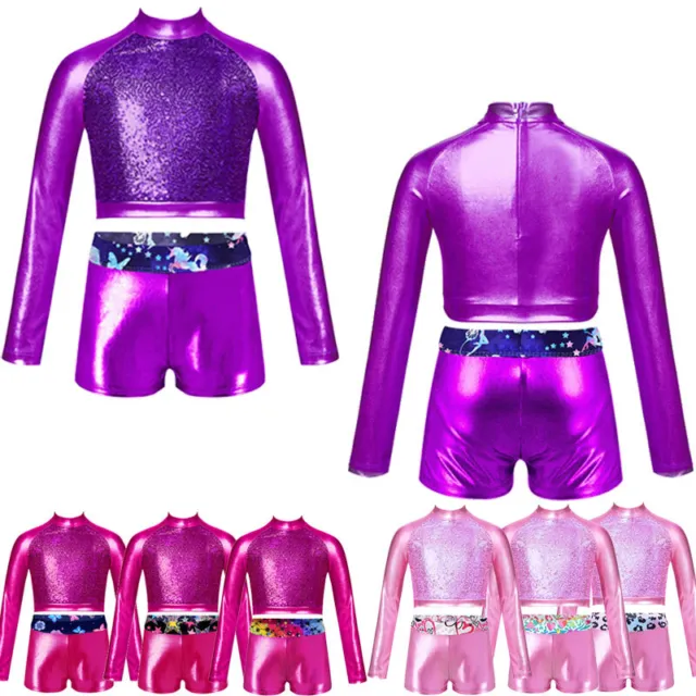 Kids Girls Crop Top With Shorts Athletic Dancewear Long Sleeve Dance Set Zipper