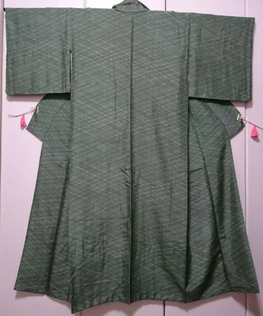 Woman Japanese Kimono Komon Silk Grass Green Check Pattern