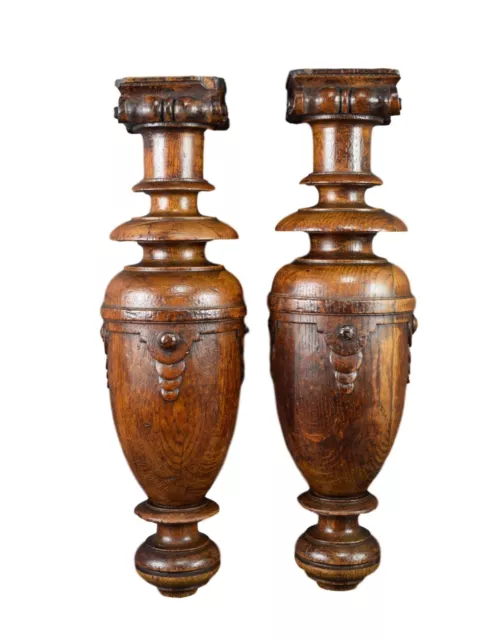 Antique Architectural Pair Carved Wood Corinthian Trim Posts Pillars Column