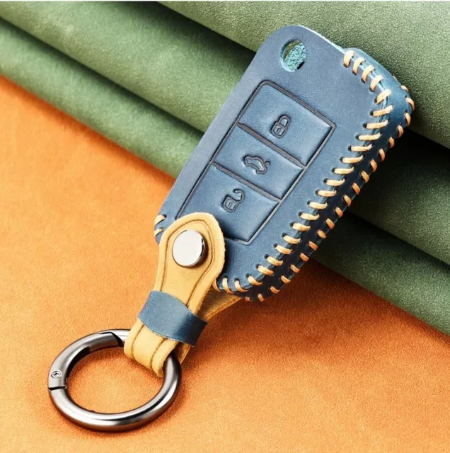 Volkswagen VW Leather Remote Smart Key Chain Holder Cover Case Fob - BLUE
