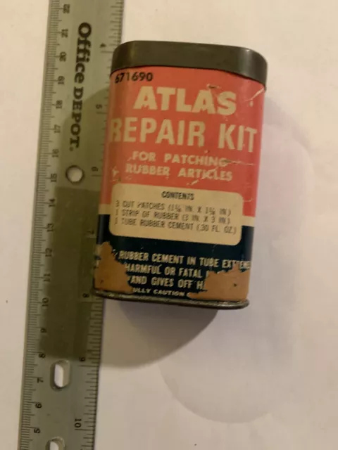 Vintage 1950s Atlas Tire Tube Repair Kit Tin Can gas oil bicycle motorcycle