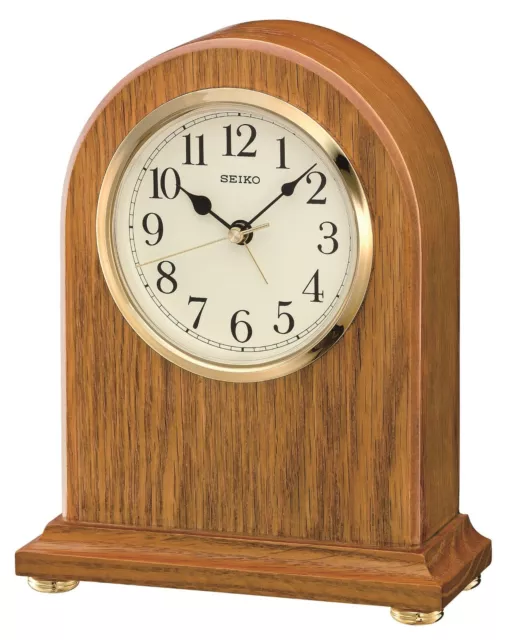 Seiko Wooden Oak Quartz Mantle Clock with Clear Arabic Dial and Alarm QXE031B