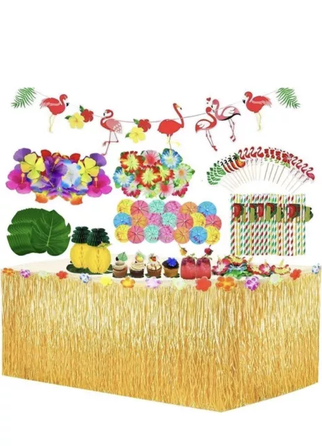 128x Hawaiian Party Decorations Grass Table Skirt Set for for Beach Summer Party