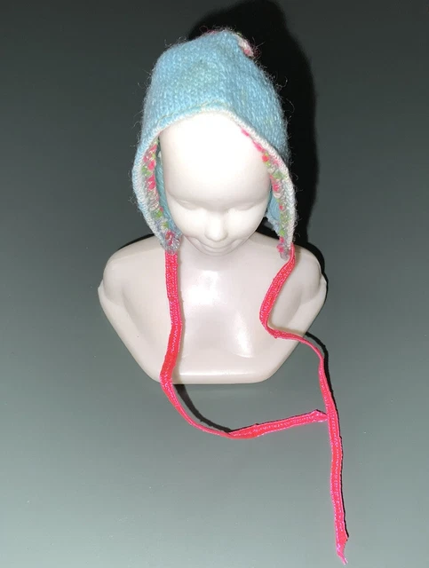 Vintage 1960s Barbie Doll Togetherness Blue Pink Floral Knit Bonnet Hat #1842💕