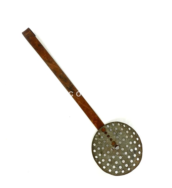1800s antique WROUGHT IRON TIN LADEL STRAINER SKIMMER hearth blacksmith forged