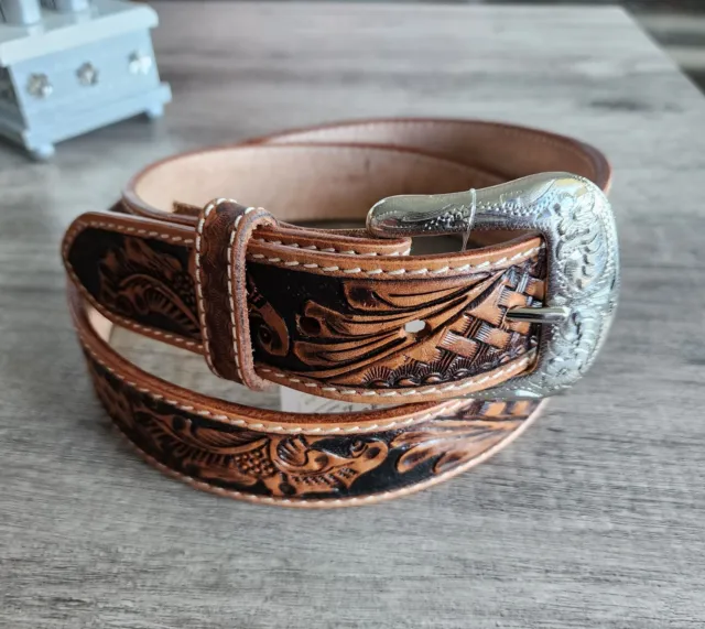Western Ranger Leather Belt Tooled  Basket Weave Floral Billet Size 42