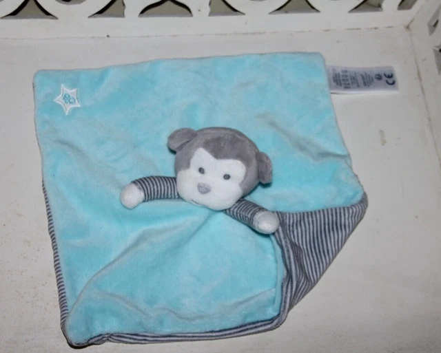 Doudou Obaibi Singe Plat Bleu Raye Gris Etoile Neuf
