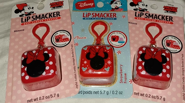 LOT OF 3 Lip Smacker Disney Minnie Mouse Lip Balm Balms Keyring Purse Hook NWT