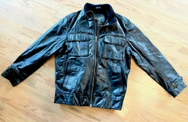 GAP Men’s black leather jacket Coat Moto Pockets Motorcycle Military Vtg Sz XL