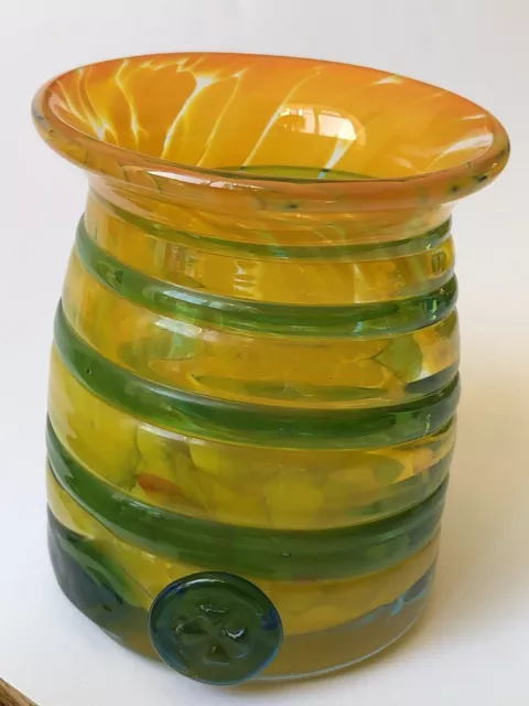 One Mdina Glass Vase Yellow Orange Blue Mottled Signed Handmade Art Glass 10cm