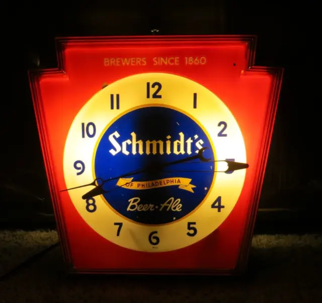 Vintage Schmidt's Beer Keystone Lighted Clock-With Original Box & Hands-Bar-Sign