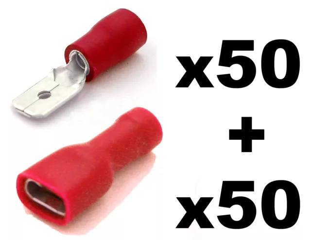 100x Red Fully Insulated Spade Electrical Crimp Connectors- Mixed Male & Female