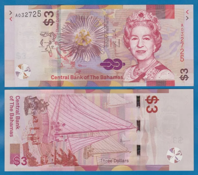 Bahamas 3 Dollars P 78 New 2019 UNC Prefix "A" Queen Elizabeth II