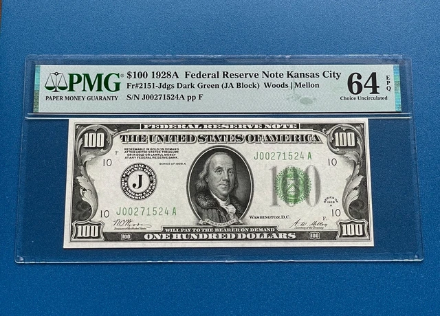 1928-A $100 Federal Reserve PMG Graded 64 EPQ RARE Kansas City Fr2151 Dark Green