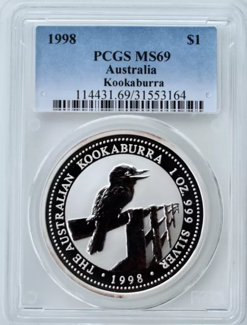 1998 1oz Silver Kookaburra $1 MS69 PCGS Australia