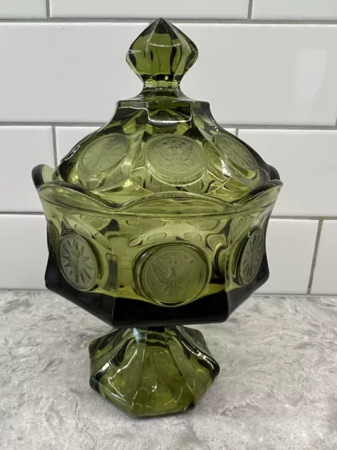 FOSTORIA Olive Green Pedestal COIN GLASS Covered Candy Dish
