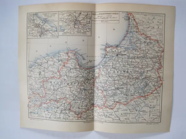 "OST- und WESTPREUSSEN. Danzig,Memel,Königsberg Historische LANDKARTE um 1900