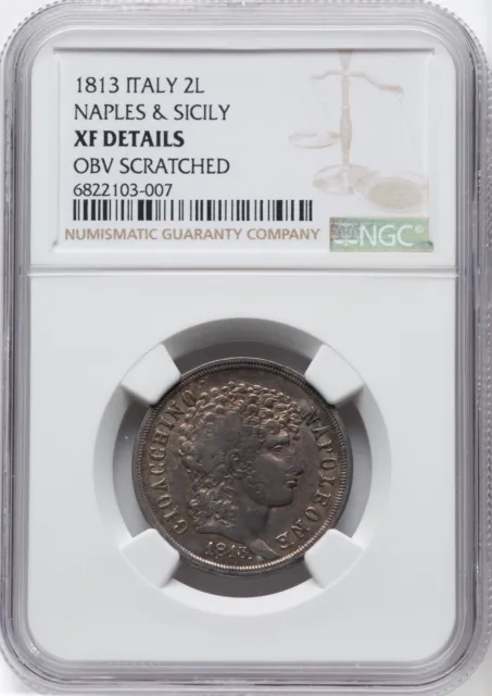 Italy Naples & Sicily  Gioacchino Napoleon  1813  2 Lire Silver Coin, Ngc Xf Det