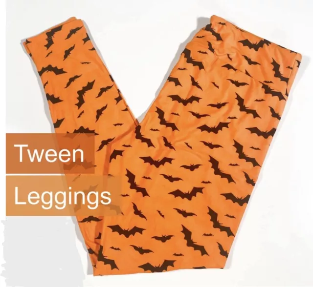 LulaRoe Tween Halloween Black Bats Leggings - Orange Background - NWOT