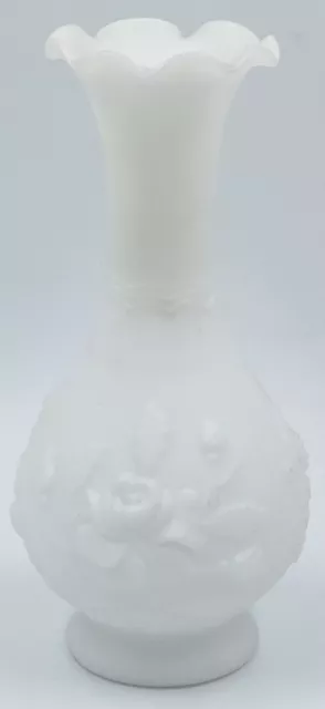 Imperial USA Genuine Milk Glass White Embossed Floral Vase Scalloped Edge 6.25"