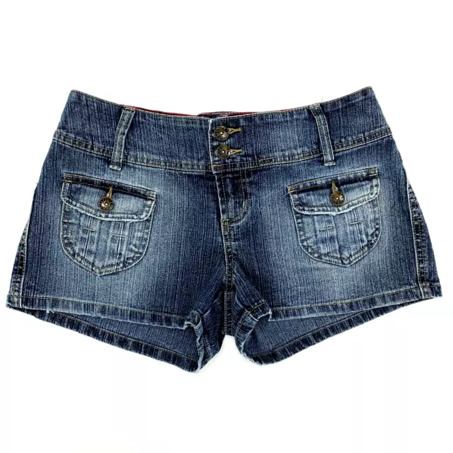 Glo Womens Junior Size 5 Short Shorts Blue Denim Jean Casual Front Flap Pockets