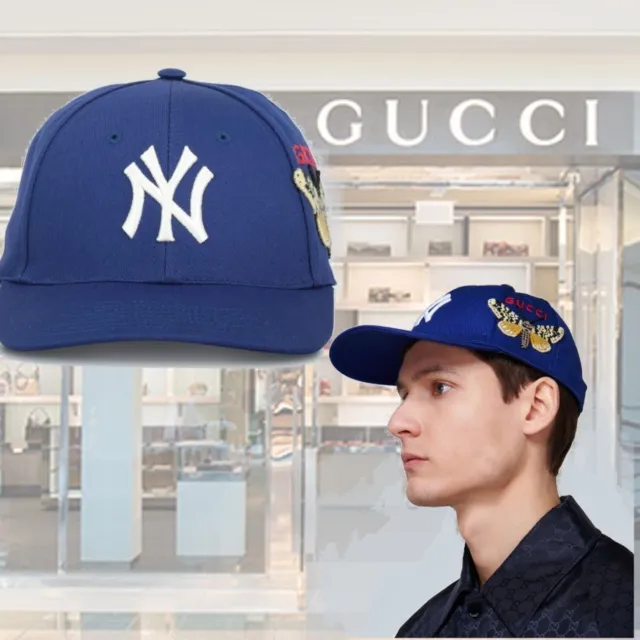 Gucci Unisex Blue Cotton NY Yankee Butterfly Embroidery Baseball Hat 538565 4300