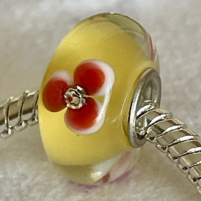 CZ Murano Lampwork Glass Flower Bead “RED TRILLIUM” Fits European Charm Bracelet