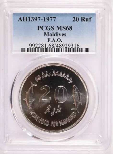 AH1397- 1977 Maldivas Plata 20 Rufiyaa, F.A.O. - PCGS como nuevo 68