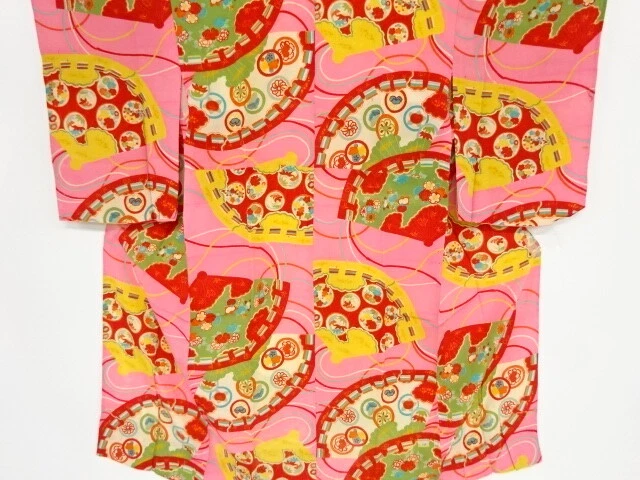 40950# Japanese Kimono / Antique Hitoe Juban / Folding Fan With Floral Plants