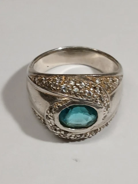 Bague Ancienne En Argent Massif 925 Avec Pierre Bleue - Taille 58 - Occasion En Bon état