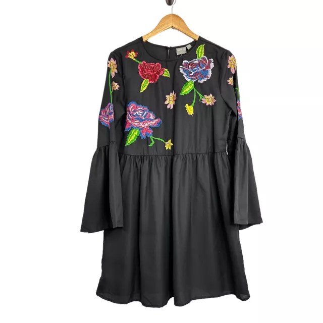 ASOS Design Womens Fluted Sleeve Floral Embroidered Mini Dress Sz 8 Black Boho